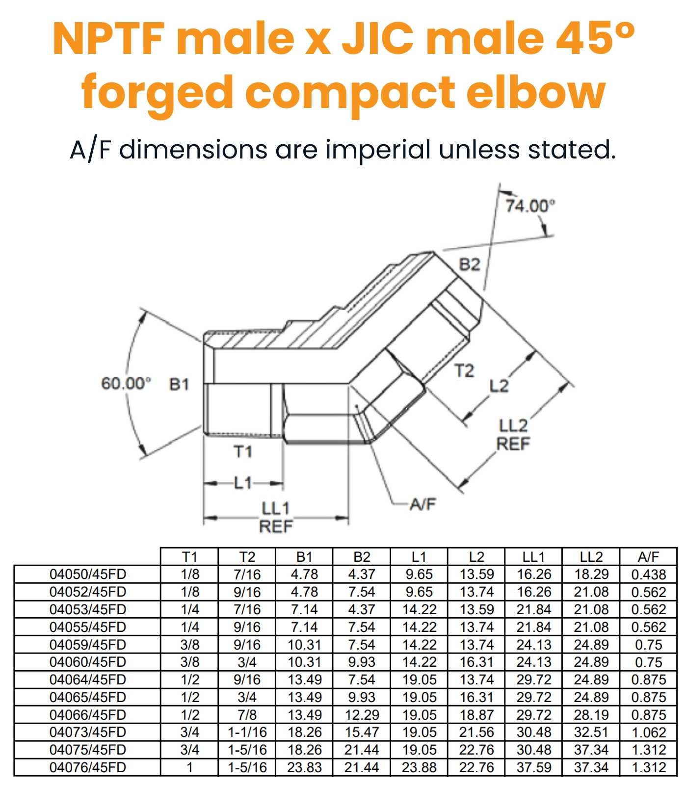 1/8 NPTF x 7/16 JIC M/M 45° Forged Elbow Hydraulic Adaptor